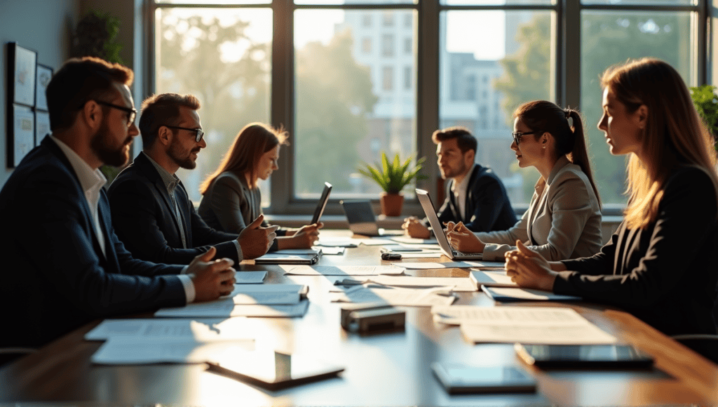 Professionals in an office engaged in a serious discussion around a conference table.