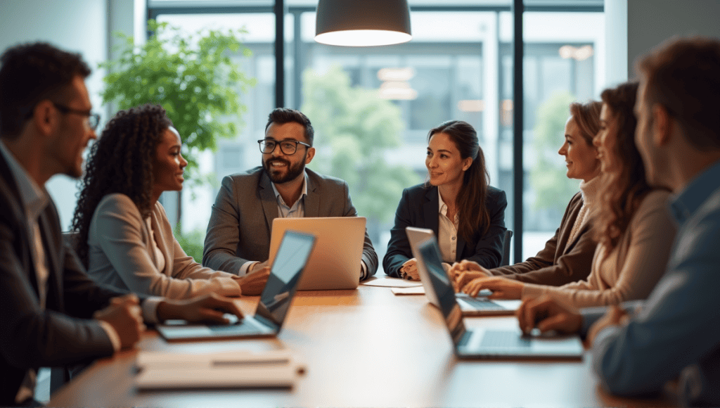 Group of professionals collaborating in a conference meeting around a modern table.