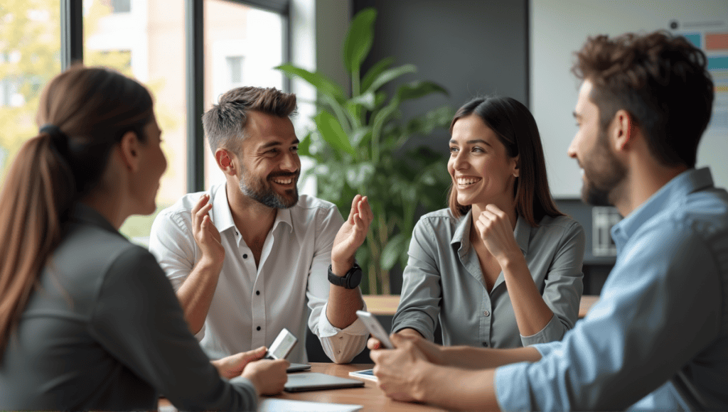 Professionals collaborating in an Agile meeting, showcasing open communication and varied facial expressions.