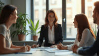 Confident woman in business attire discussing progress with colleagues in a modern office setting.