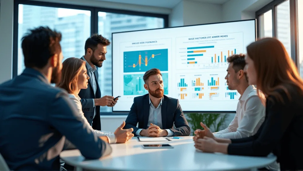 A group of data scientists discussing charts and graphs in a modern office.