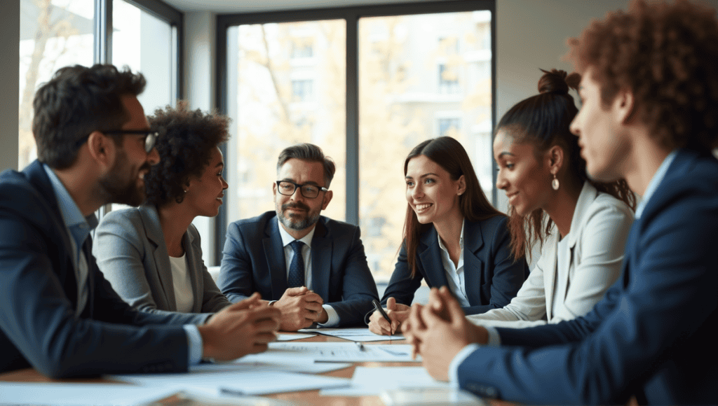 Group of professionals in business attire engaged in a dynamic conference discussion.