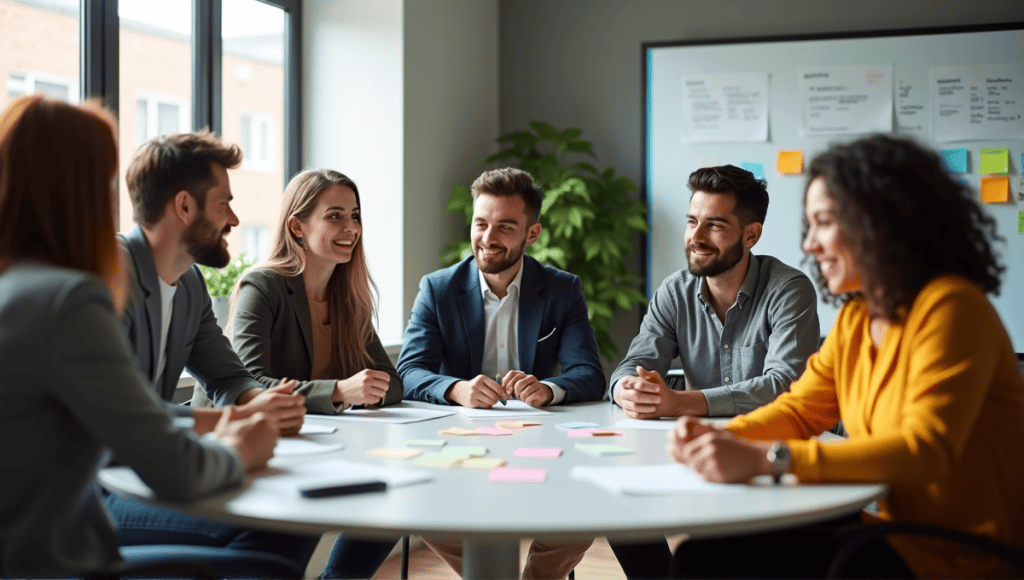 Team of professionals in a Scrum meeting with sticky notes and a digital board.