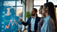 Team of professionals analyzing performance metrics on a large screen in a modern office.