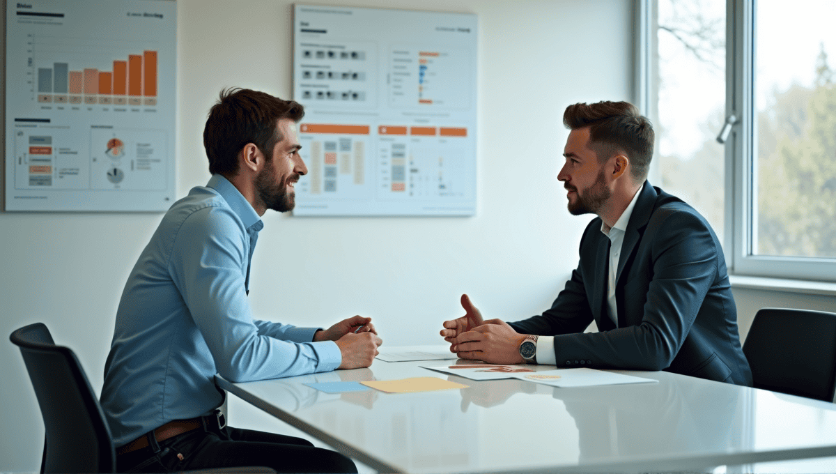 Two professionals discussing Kanban and Lean methodologies at a modern conference table.