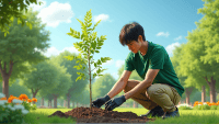 Individual in a green shirt planting a young tree in a vibrant park setting.