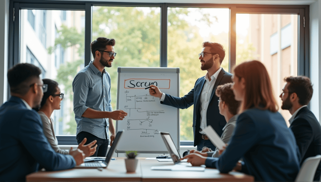 Professionals in an Agile meeting discussing Scrum and Kanban in a modern office.