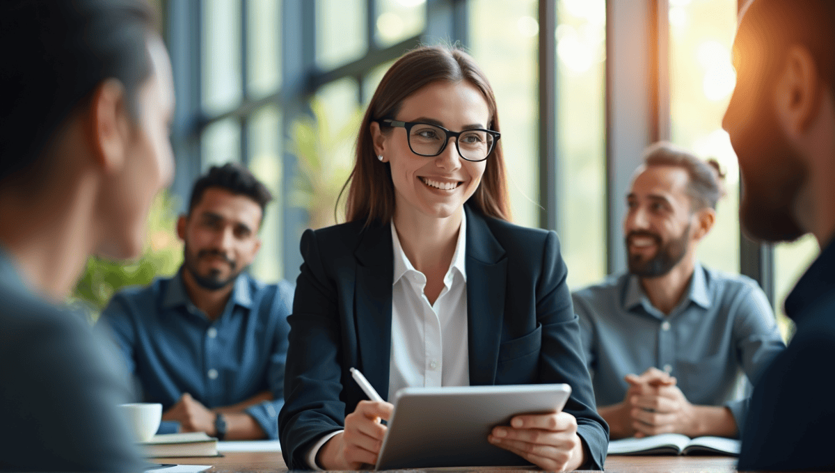 Service industry workers collaborating in a modern office, focused on ideas and teamwork.