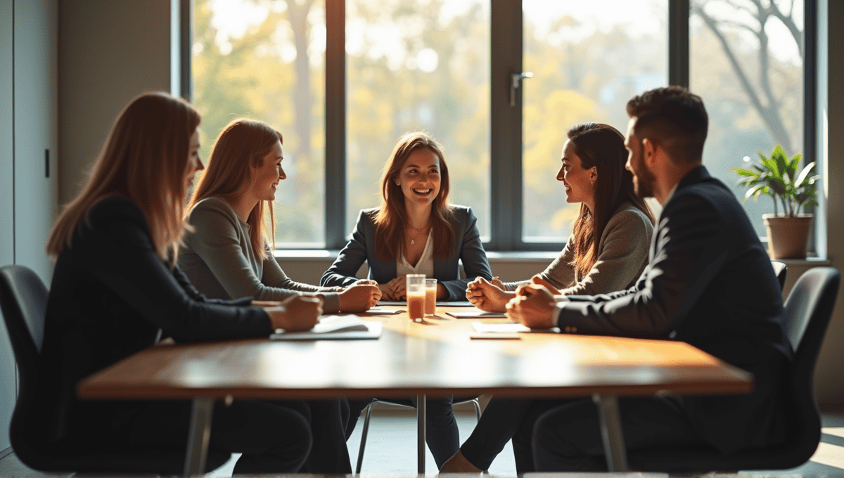 Professionals collaborating at a conference table in a modern office setting.