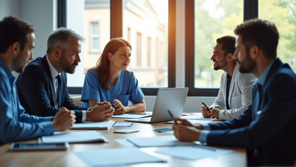 Professionals discussing crisis response planning around a table in a conference room.