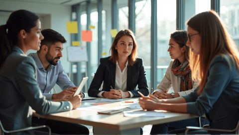 Professionals brainstorming around a conference table filled with sticky notes and devices.