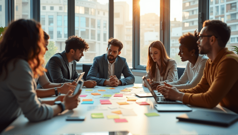 Team of professionals brainstorming around a table with colorful post-it notes and devices.