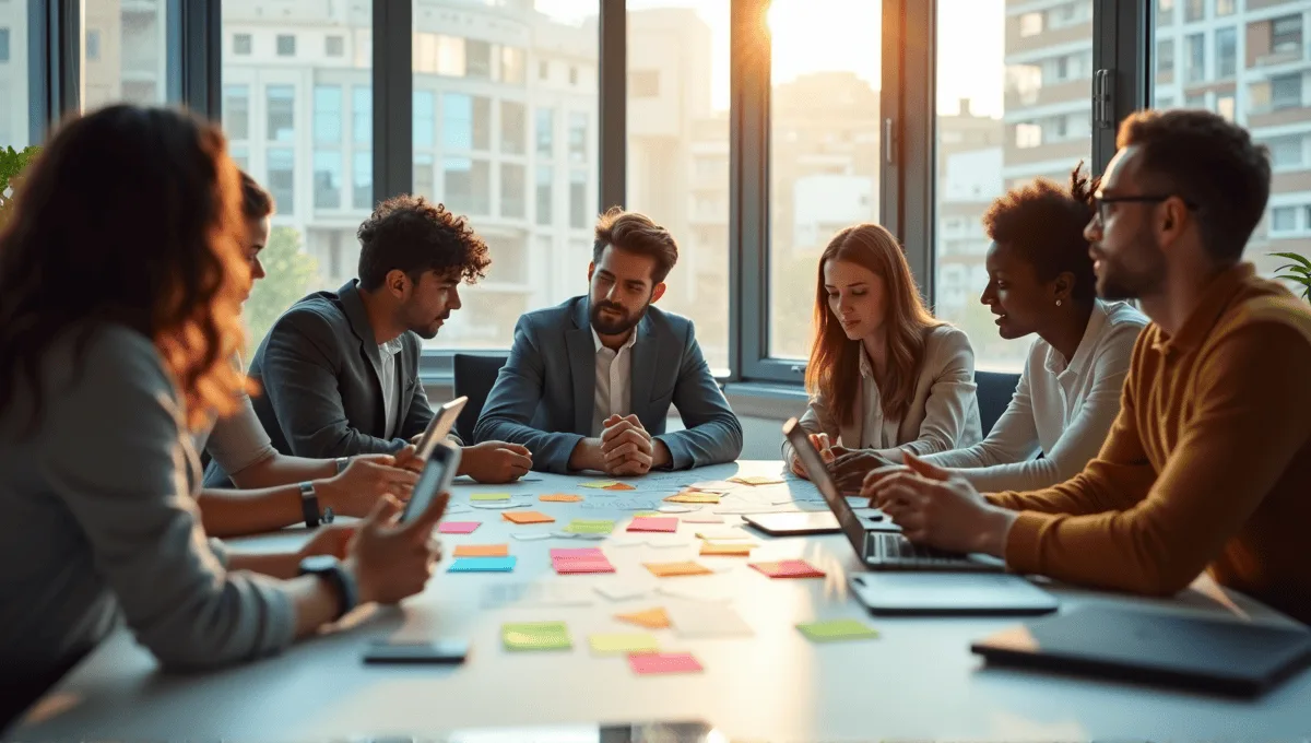 Team of professionals brainstorming around a table with colorful post-it notes and devices.