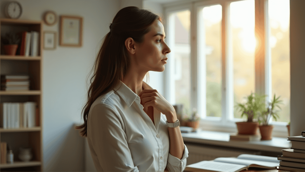 Thoughtful individual in smart casual attire contemplating cognitive biases in a bright office.