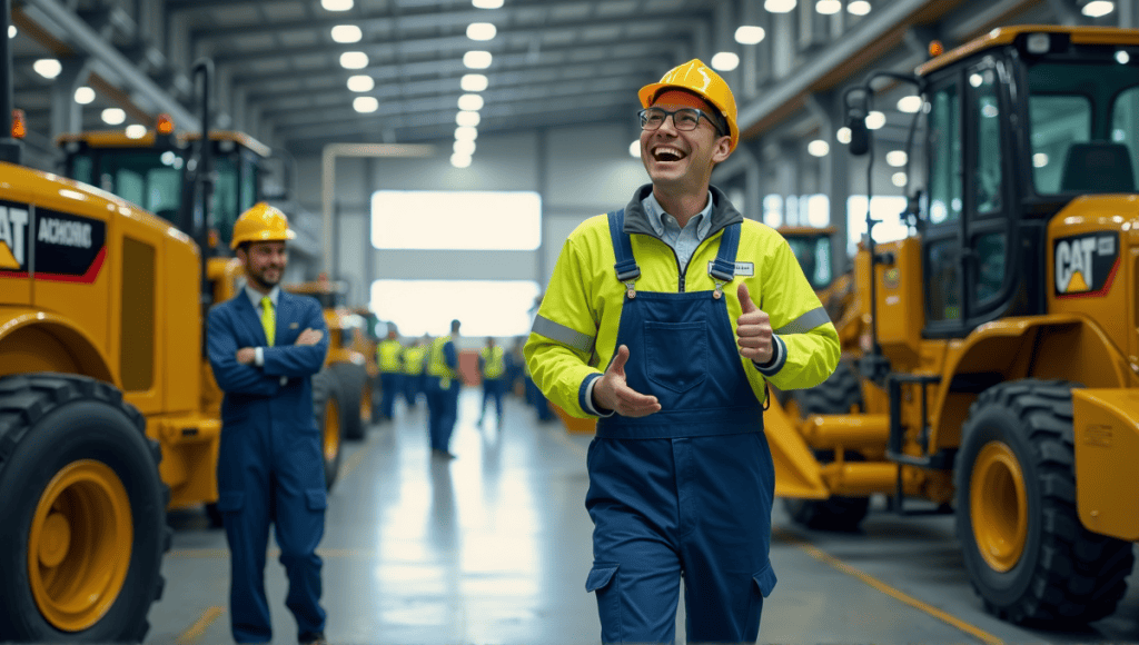 Engineer in blue overalls collaborating with employees on a busy Caterpillar manufacturing floor.