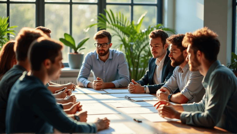 Project managers collaborating around a table, discussing the Agile Manifesto in a modern office.