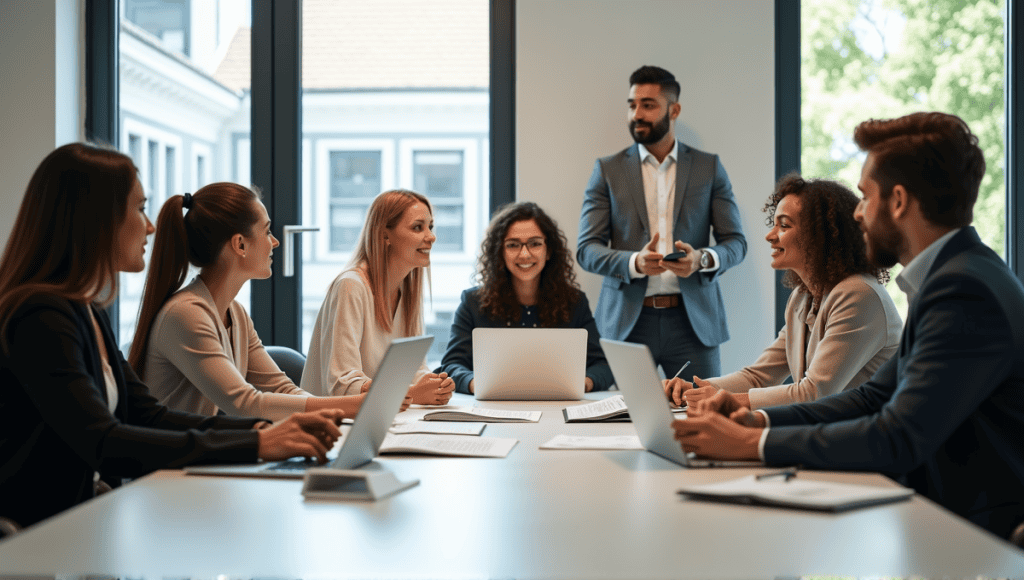 Customer service professionals collaborating in a meeting at a modern conference table.