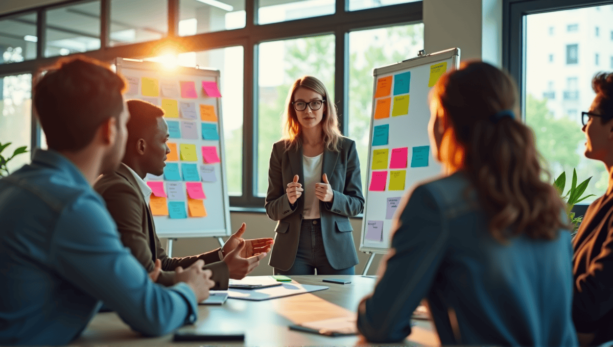 Team of professionals collaborating in a modern office during a scrum meeting.