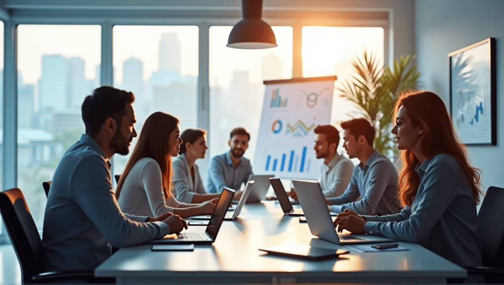 Modern workspace with professionals discussing metrics, surrounded by laptops, charts, and whiteboards.