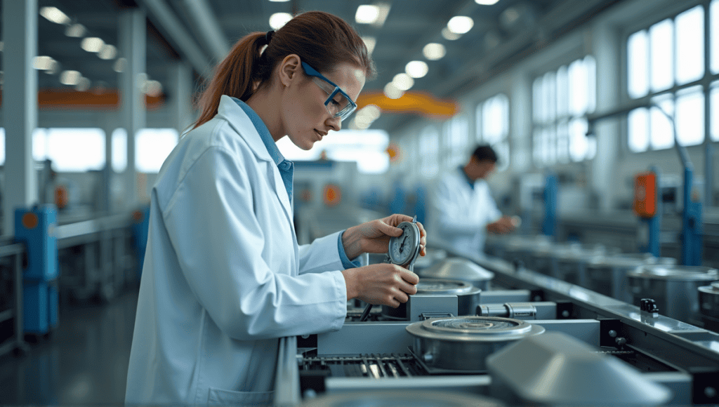 Quality control technician inspecting manufacturing line with precision measuring tool in factory.