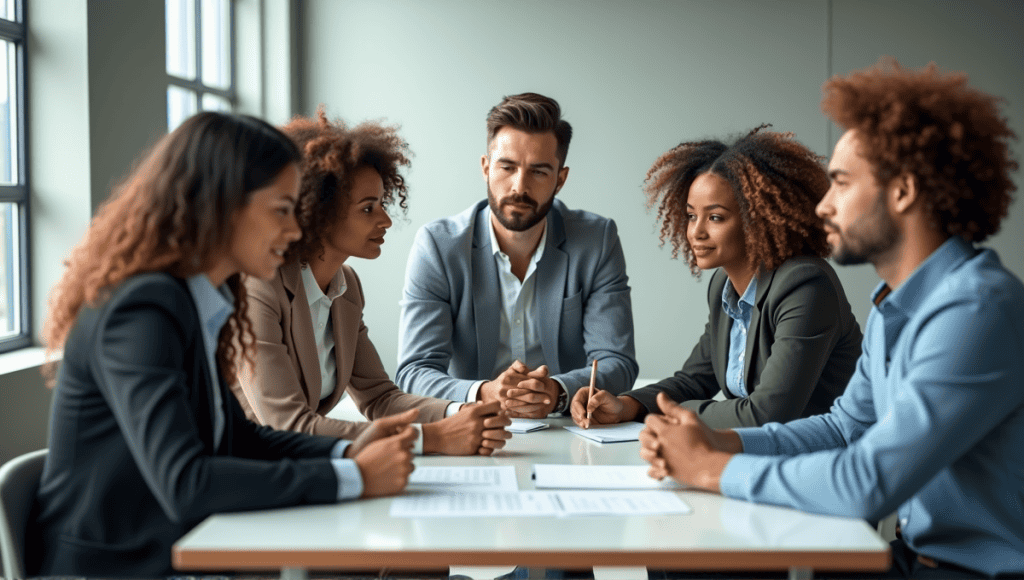 Team of professionals engaged in collaborative discussion around a table in a modern office.