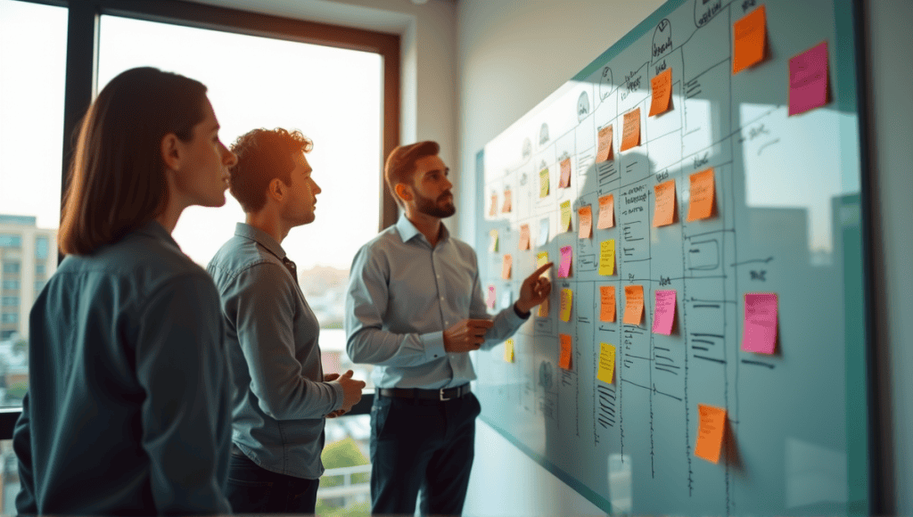 Modern office with a team collaborating on a Kanban board filled with sticky notes.