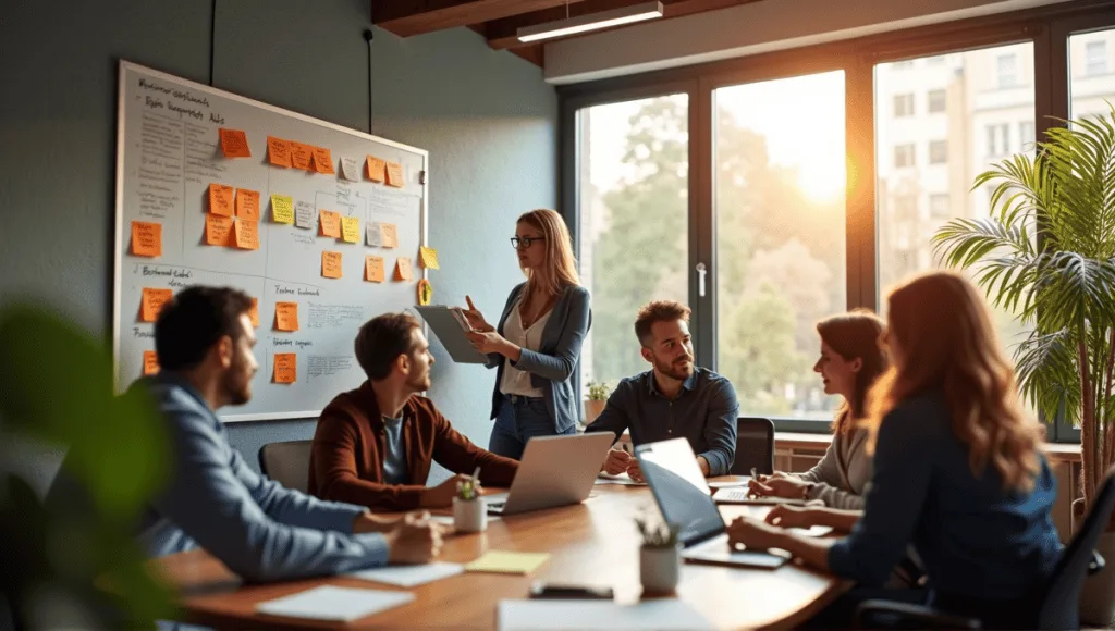 Collaborative workspace with professionals discussing Agile project management and planning on a whiteboard.