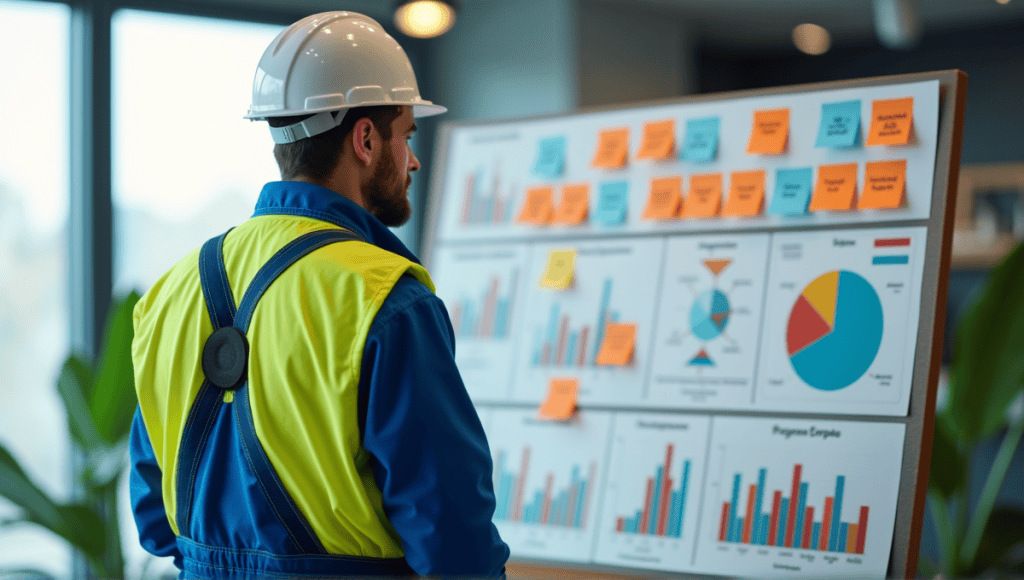 Engineer in blue overalls at an Agile project board with sticky notes and charts.