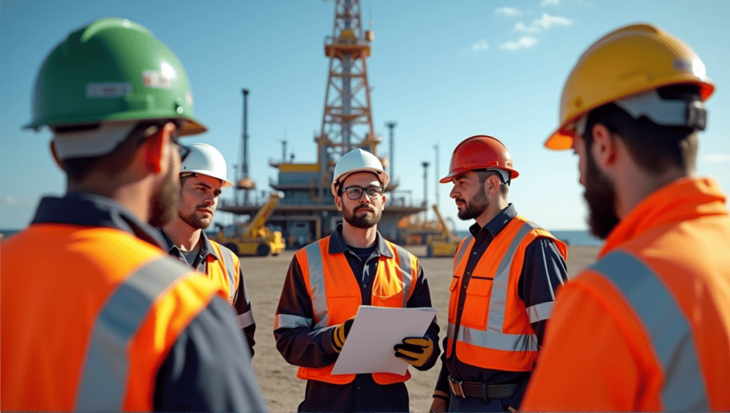 Oil and gas workers in safety gear conducting a safety meeting on an outdoor rig.