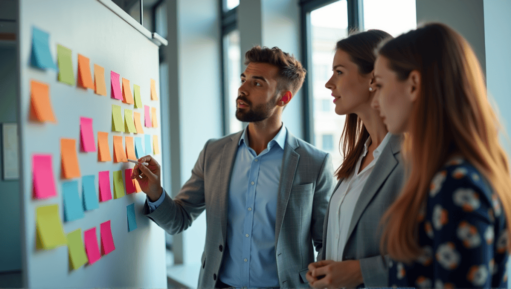 Professionals collaborating around a Kanban board filled with colorful sticky notes in an office.