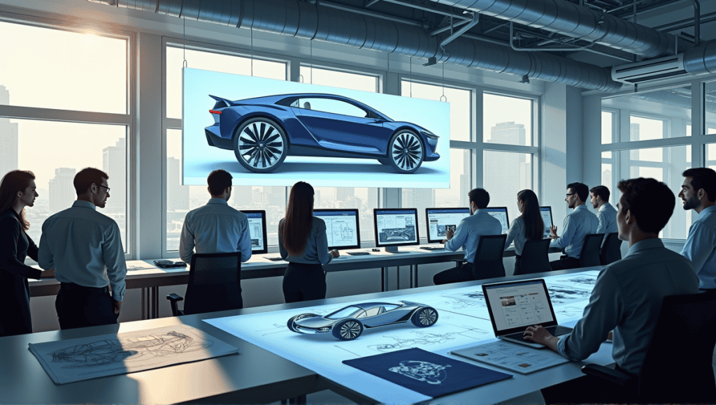 Modern design office with engineers and designers collaborating on innovative automotive concepts.