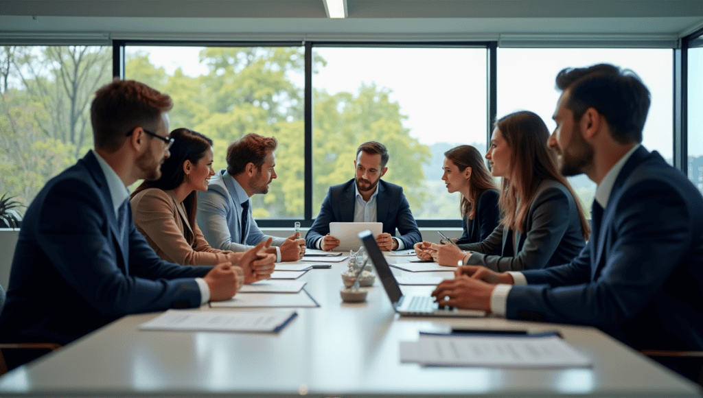 Team of professionals in business attire collaborating at a table in a modern office.