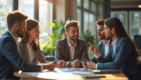 Group of professionals collaborating in a modern office with laptops and sticky notes.