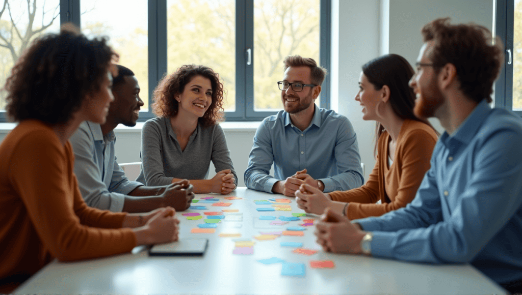 Professionals participating in a Planning Poker session around a modern conference table.