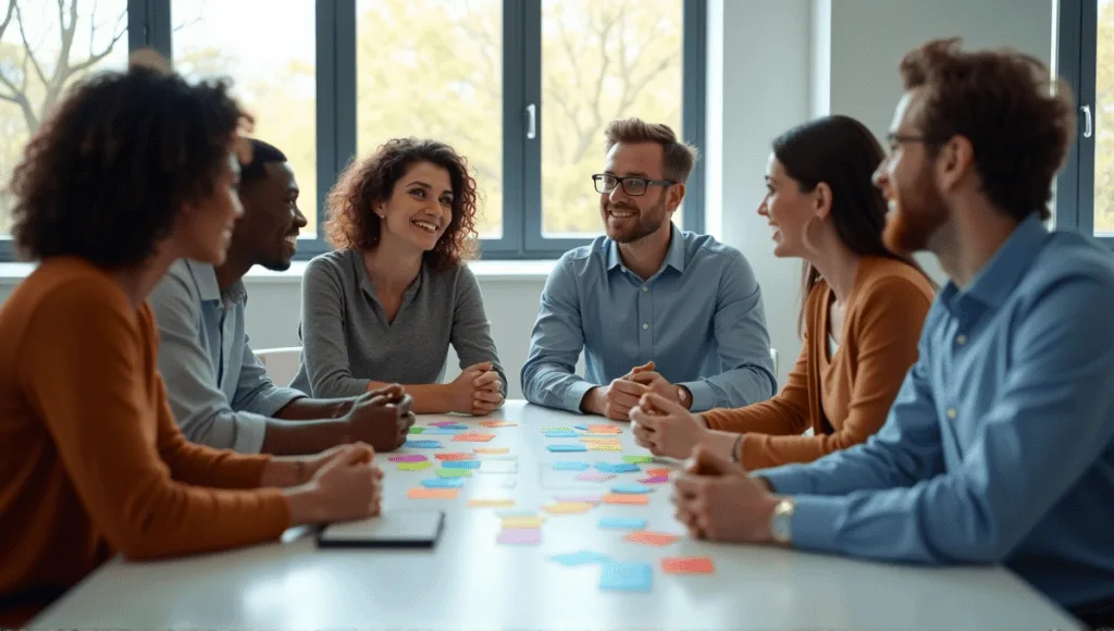 Professionals participating in a Planning Poker session around a modern conference table.