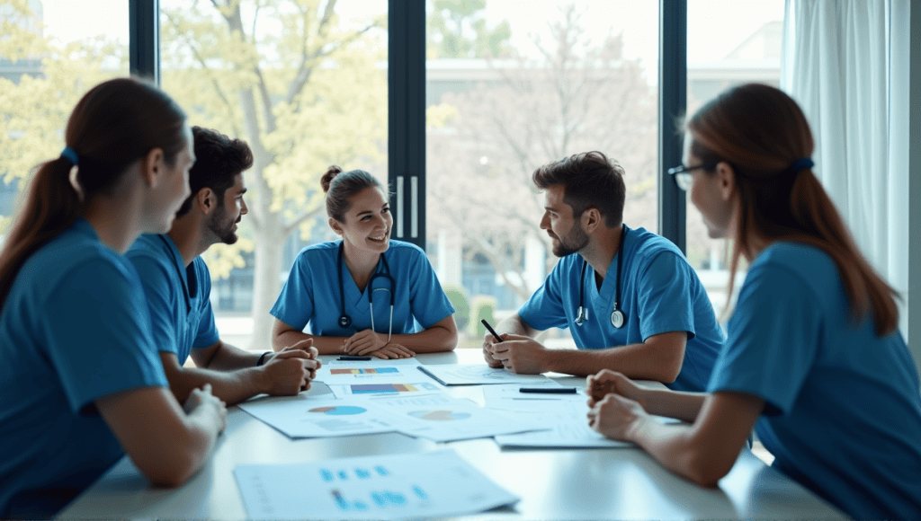 A team of healthcare professionals collaborating on a project with charts and graphs.