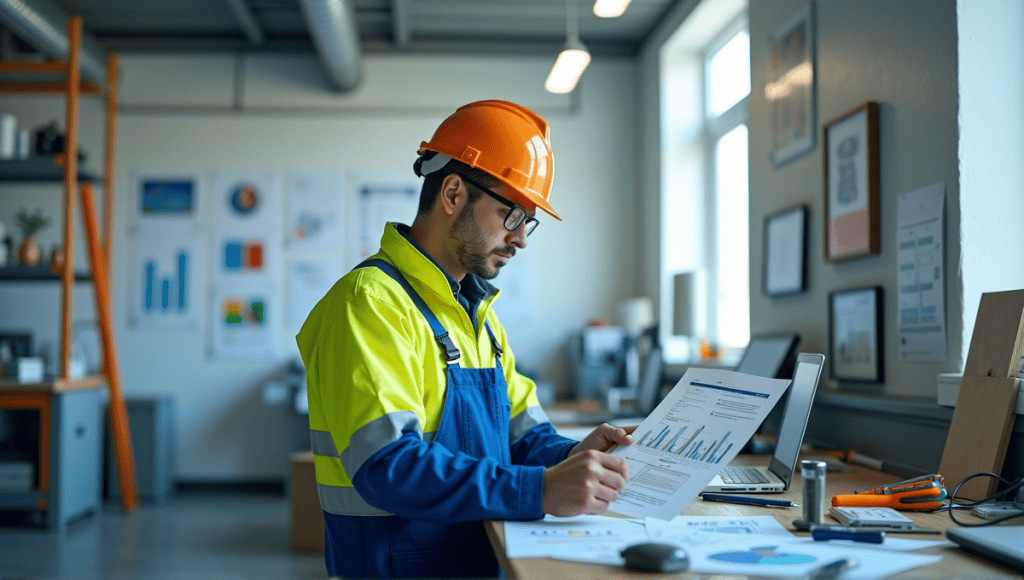 Engineer analyzing energy systems with tools and charts in a modern workspace.