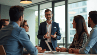 Group of professionals engaging in a dynamic discussion in a modern office.