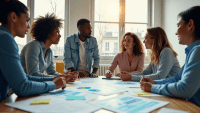 A professional team collaborating around a table filled with charts and sticky notes.