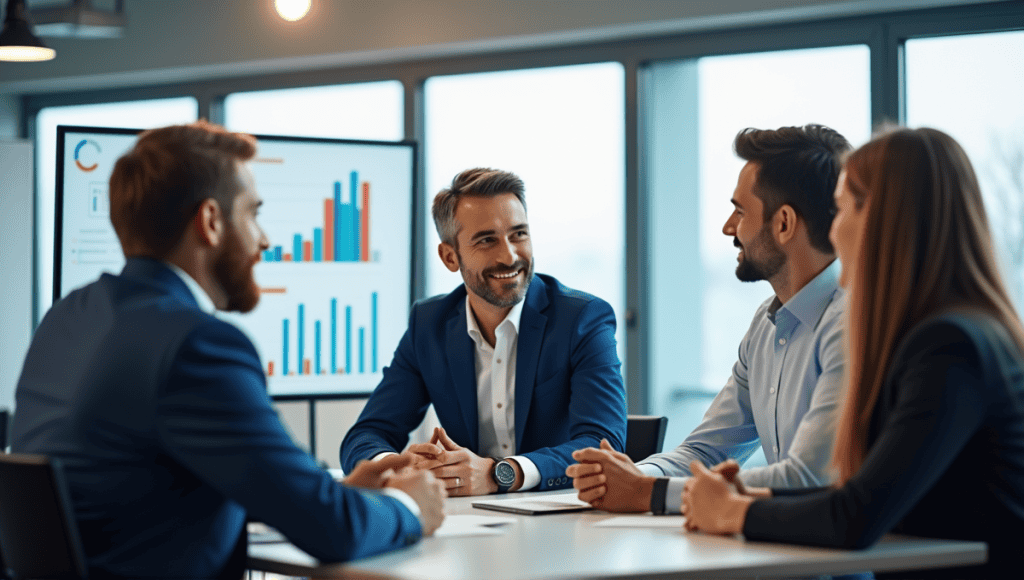 Team members in modern attire collaborating on Agile project success, with charts displayed.