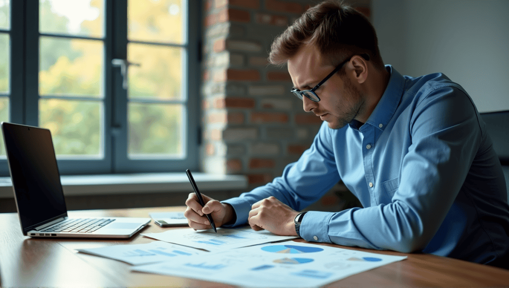 Financial analyst reviewing reports with graphs and charts, seated at a wooden desk.