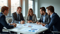 A group of professionals discussing product requirements during an FMEA session in a conference room.