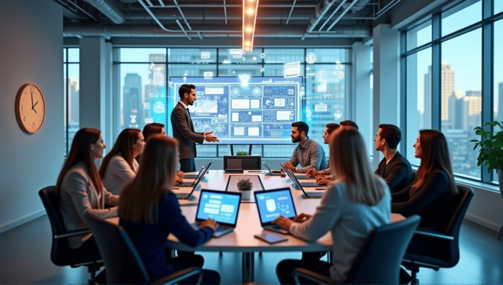 Professionals discussing at a modern conference table with digital devices and transparent screens.