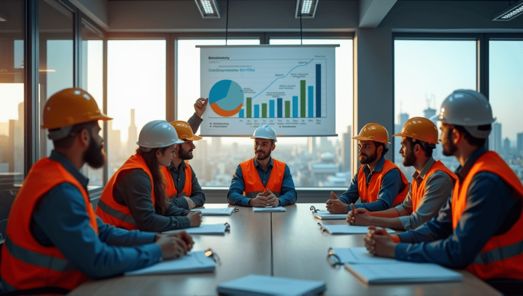 Oil and gas professionals in work attire collaborating in a modern office setting.