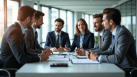 Government office interior with professionals in business attire engaged in a collaborative meeting.