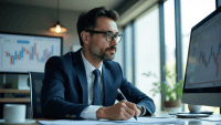 Finance professional in tailored navy suit analyzing reports in modern office setting.