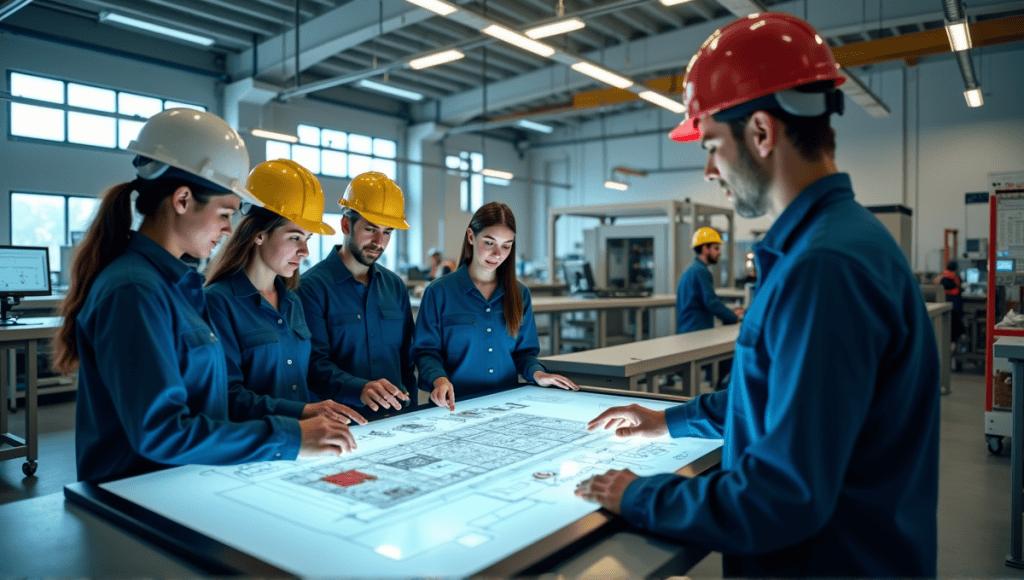 Team of engineers in protective gear collaborating at a digital workspace in a manufacturing environment.