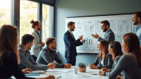 Group of professionals brainstorming in a modern office, surrounded by charts and diagrams.