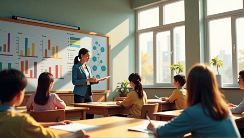 Classroom scene with engaged students collaborating and a teacher by a colorful whiteboard.