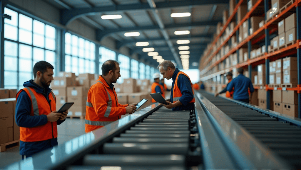 Modern supply chain warehouse with workers analyzing data and coordinating production systems.